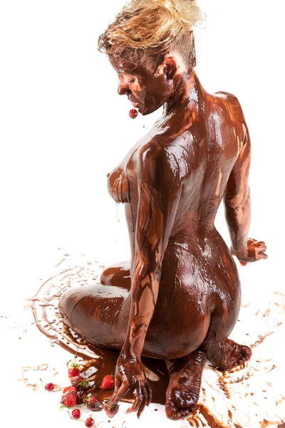 stock image Naked woman covered sweet cream chocolate