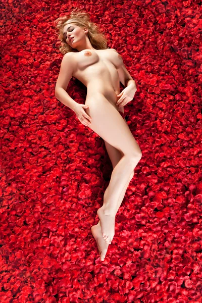 stock image Woman on a bed of rose petals