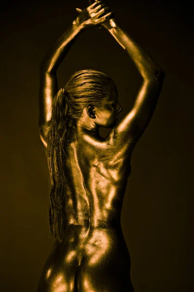 stock image Nude woman like statue in liquid metal