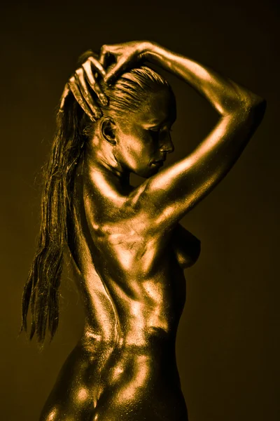 stock image Nude woman like statue in liquid metal