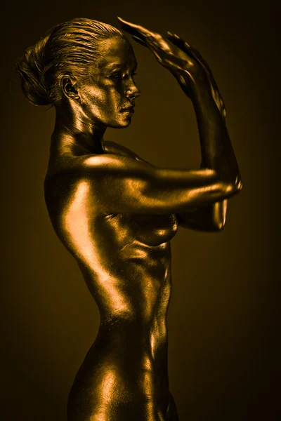 stock image Nude woman like statue in liquid metal