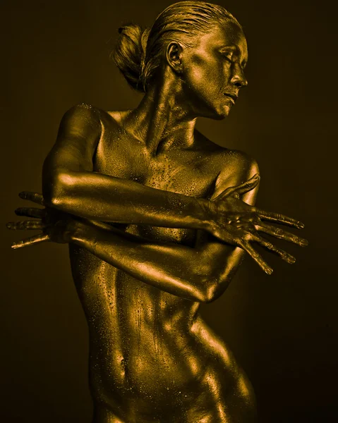 Stock image Nude woman like statue in liquid metal