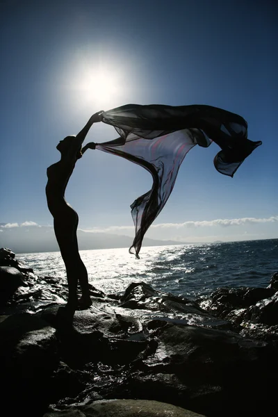 Çıplak kadın holding kumaş. — Stok fotoğraf